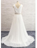 V Neck Ivory Chiffon Lace Split Front Beach Wedding Dress
